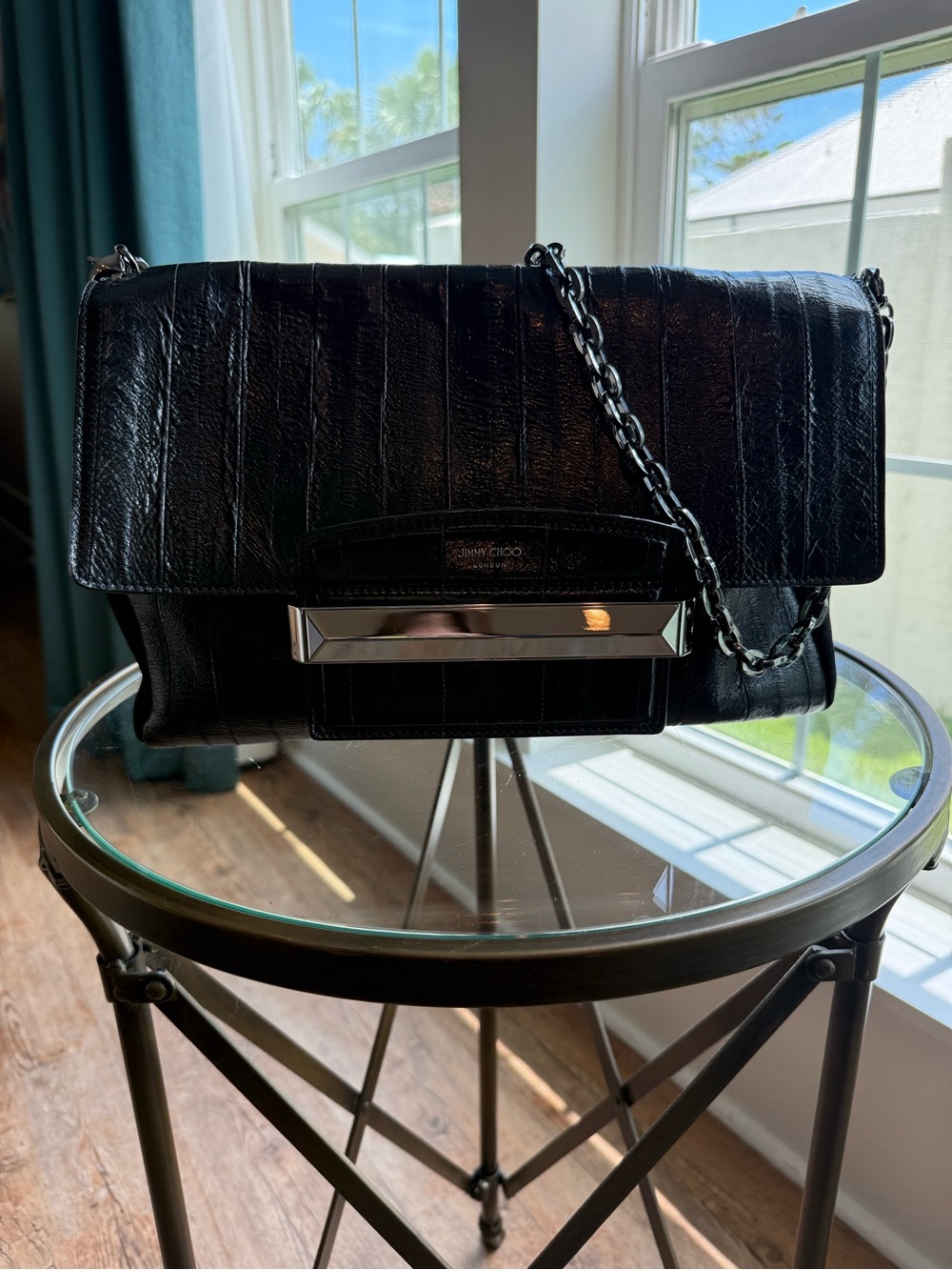 Jimmy Choo Black Leather Shoulder Bag/Large Clutch with Removable Silver Chain